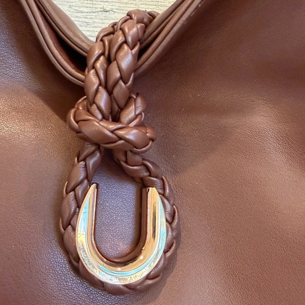 New Anthropologie aota twist tie top handle bucket bag crossbody brown gold